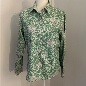 Foxcroft Pale Green/Soft Peach Floral Print Cotton Blouse sz 6
